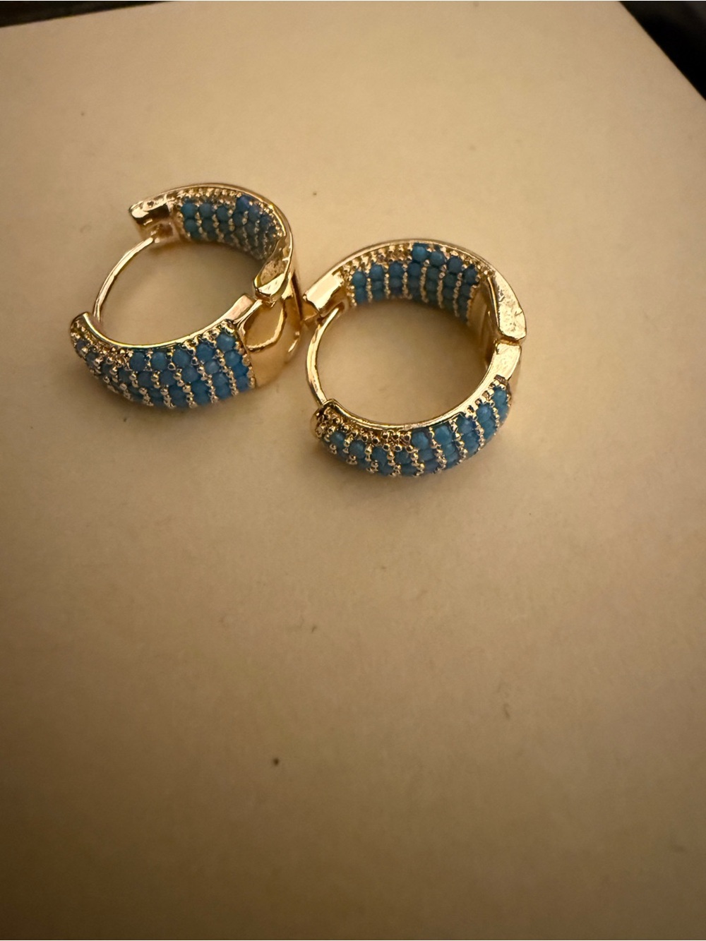 Gold Hoop Earrings with Blue Crystal Pavé Accents